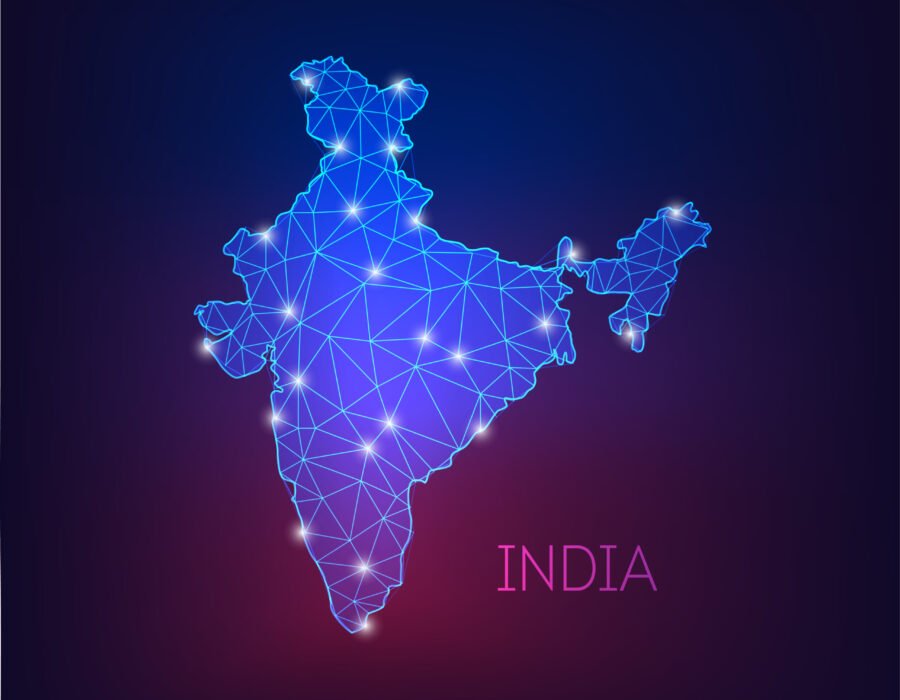 Futuristic glowing low polygonal India map silhouette made of lines, dots, star, triangles isolated on dark blue to purple gradient background. Modern design vector illustration.